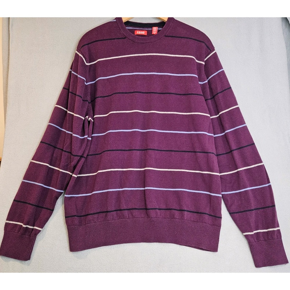 IZOD Striped Sweater Mens XL Purple Crewneck Knit Retro Grandpa Grunge Earthy